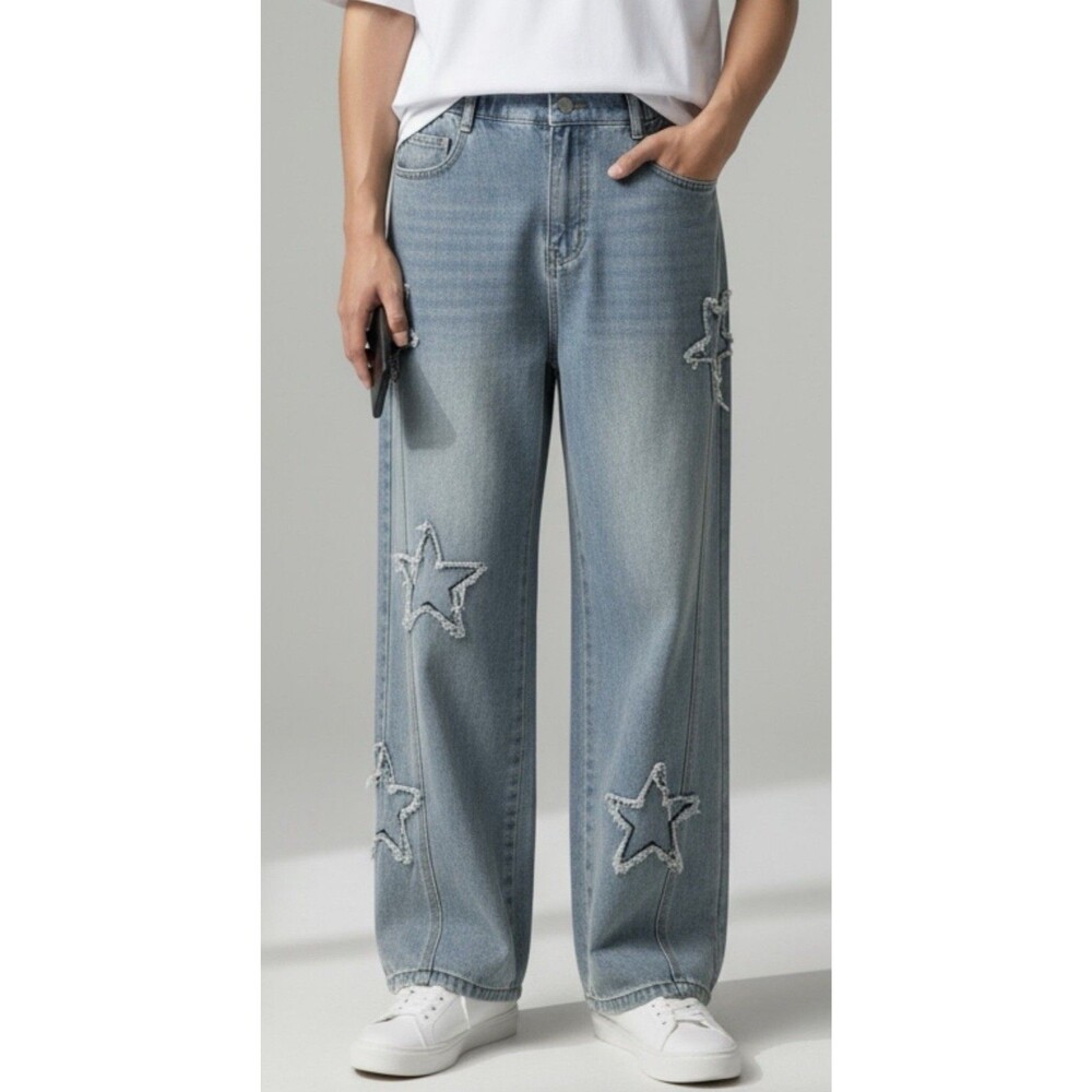 Girls 14Y Light Wash Wide Leg Jeans Distressed Star Patch Denim